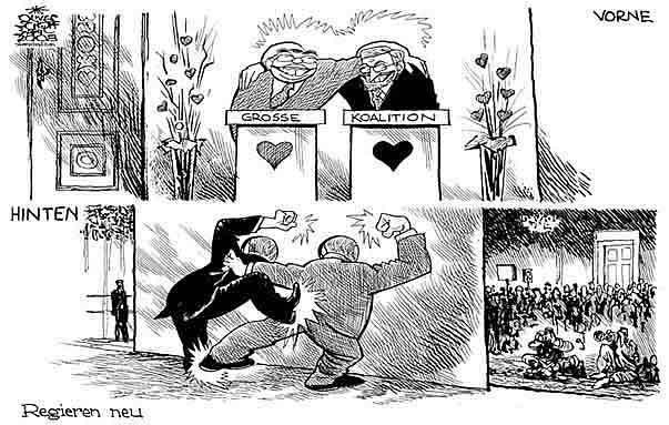 Oliver Schopf, editorial cartoons from Austria, cartoonist from Austria, Austrian illustrations, illustrator from Austria, editorial cartoon austria 2008: vienna, ballhausplatz, government, koalition, gusenbauer, molterer 