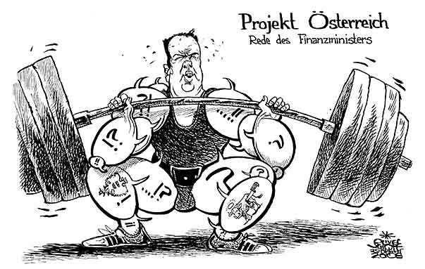  
Oliver Schopf, editorial cartoons from Austria, cartoonist from Austria, Austrian illustrations, illustrator from Austria, editorial cartoon
Europe austria  economy finances 2009: josef proell, minister, finance, speech, balloon, weight, lifting

