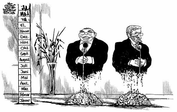  
Oliver Schopf, editorial cartoons from Austria, cartoonist from Austria, Austrian illustrations, illustrator from Austria, editorial cartoon
Europe austria 2008: alfred gusenbauer, wilhelm molterer, grand coalition, crumbling

