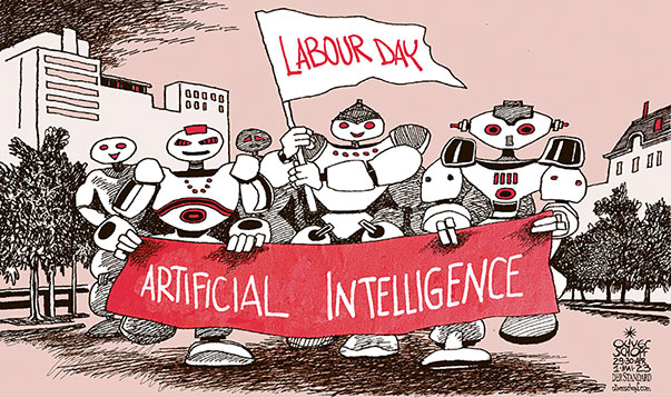 Oliver Schopf, editorial cartoons from Austria, cartoonist from Austria, Austrian illustrations, illustrator from Austria, editorial cartoon politics politician Europe, Cartoon Movement, 2023: ARTIFICIAL INTELLIGENCE AI KI MAY 1 LABOUR DAY RED PARADE
