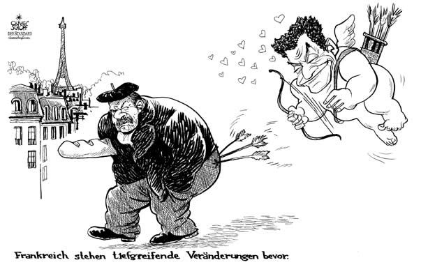 Oliver Schopf, editorial cartoons from Austria, cartoonist from Austria, Austrian illustrations, illustrator from Austria, editorial cartoon 
Europe 2008: european union eu   Sarkozy as amor in France targets the frenchman's butt bum behind france, sarkozy, cupid, arrow, pari
