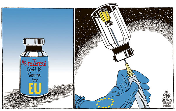 Oliver Schopf, editorial cartoons from Austria, cartoonist from Austria, Austrian illustrations, illustrator from Austria, editorial cartoon politics politician Europe, Cartoon Arts International, 2021: CORONAVIRUS CRISIS SARS-CoV-2 COVID-19 EU EUROPEAN UNION ASTRAZENECA VACCINE DOSES DELIVERY TREATY 
 
