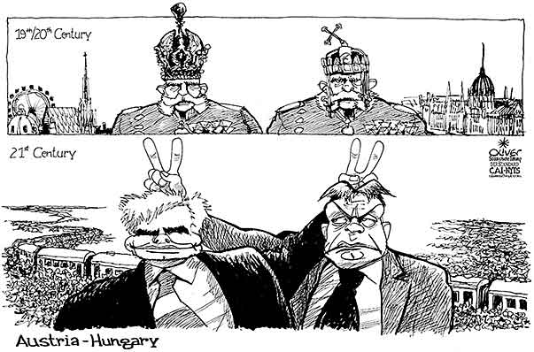  
Oliver Schopf, editorial cartoons from Austria, cartoonist from Austria, Austrian illustrations, illustrator from Austria, editorial cartoon
Europe Miscellaneous hungary 2015 EU REFUGEES IMMIGRANTS TRAIN HUNGARY ORBAN AUSTRIA FAYMANN AUSTRIAN-HUNGARIAN MONARCHY EMPEROR FRANZ JOSEPH I CROWN VIENNA BUDAPEST
