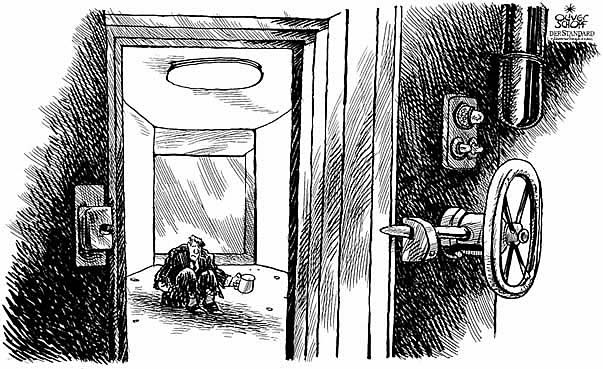 Oliver Schopf, editorial cartoons from Austria, cartoonist from Austria, Austrian illustrations, illustrator from Austria, editorial cartoon 
Europe 2009: eu european union bank secret secrecy discretion bank secret, vault safe, beggar, no money, empty
