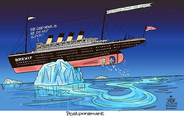  
Oliver Schopf, editorial cartoons from Austria, cartoonist from Austria, Austrian illustrations, illustrator from Austria, editorial cartoon politics politician Europe, Cartoon Arts International, 2019: GREAT BRITAIN BREXIT POSTPONEMENT EXTENSION TITANIC VESSEL SHIP ICEBERG 

