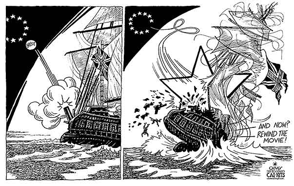 Oliver Schopf, editorial cartoons from Austria, cartoonist from Austria, Austrian illustrations, illustrator from Austria, editorial cartoon politics politician Europe, Cartoon Arts International, New York Times Syndicate, Cagle cartoon 2016 : BREXIT EU GREAT BRITAIN UNITED KINGDOM VESSEL FRIGATE CANON BALL SHOOT STAR BATTLE REWIND MOVIE 






