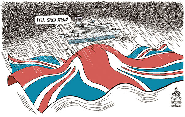 Oliver Schopf, editorial cartoons from Austria, cartoonist from Austria, Austrian illustrations, illustrator from Austria, editorial cartoon politics politician Europe, Cartoon Arts International, 2022: GREAT BRITAIN UNITED KINGDOM KING CHARLES III UNION JACK FLAG WAVES SEA STORM TEMPEST SHIP VESSEL FUTURE FULL SPEED AHEAD















