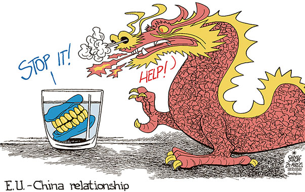 Oliver Schopf, editorial cartoons from Austria, cartoonist from Austria, Austrian illustrations, illustrator from Austria, editorial cartoon politics politician Europe, Cartoon Arts International, 2021: EUROPEAN UNION EU CHINA RELATIONSHIP SANCTIONS HUMAN RIGHTS DRAGON SET OF TEETH THREAT GLASS FEAR  

