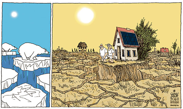 Oliver Schopf, editorial cartoons from Austria, cartoonist from Austria, Austrian illustrations, illustrator from Austria, editorial cartoon politics politician Europe, Cartoon Arts International, 2022: CLIMATE CHANGE GLOBAL WARMING ICE COLD DROUGHT ICEBEAR ICE MELTING ICE FLOE SHEET CLOD SOIL














