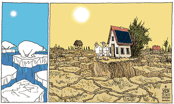 Oliver Schopf, editorial cartoons from Austria, cartoonist from Austria, Austrian illustrations, illustrator from Austria, editorial cartoon politics politician Europe, Cartoon Arts International, 2022: CLIMATE CHANGE GLOBAL WARMING ICE COLD DROUGHT ICEBEAR ICE MELTING ICE FLOE SHEET CLOD SOIL
