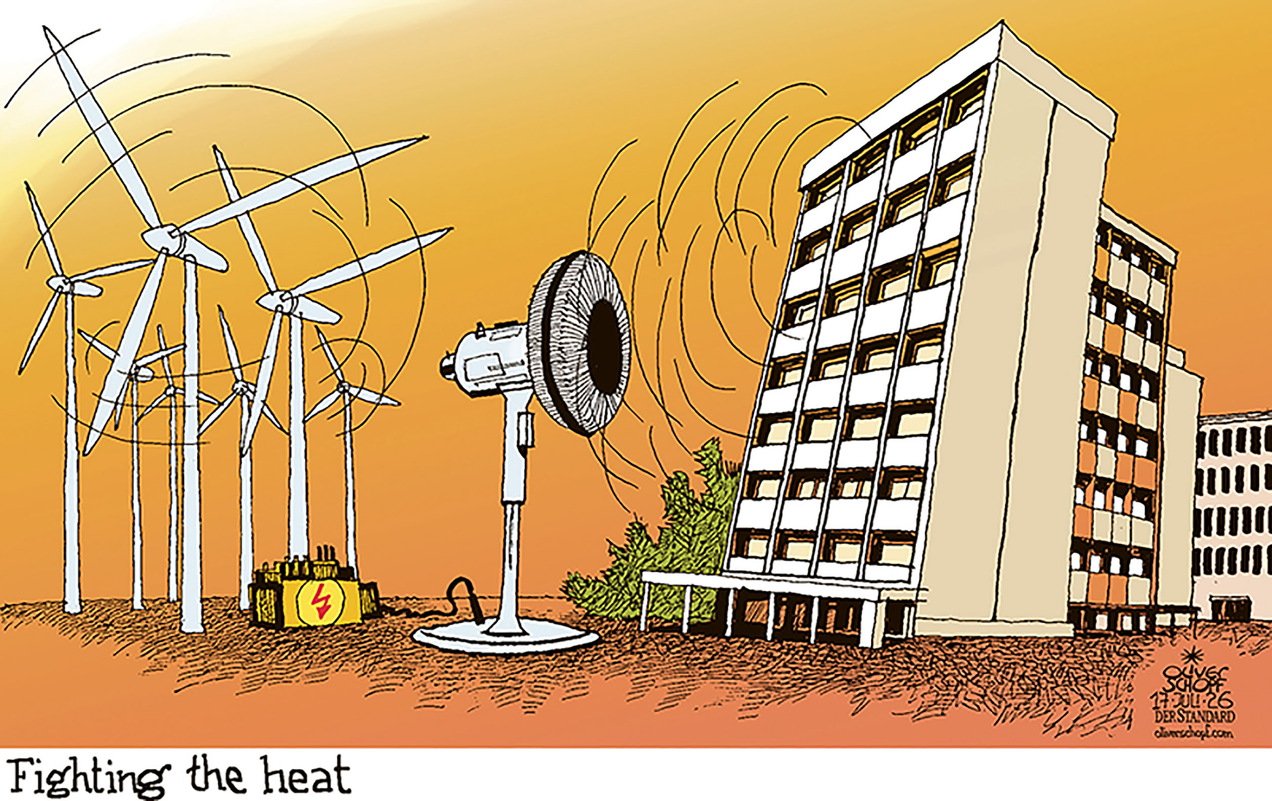 Oliver Schopf editorial cartoon 2026 : Global warming and climate change: Heat periods in summer are getting longer. So how can we find solutions for cooling down our flats?
Oliver Schopf, editorial cartoons from Austria, cartoonist from Austria, Austrian illustrations, illustrator from Austria, editorial cartoon politics politician Europe, Cartoon Movement, @oliverschopf.bsky.social 2026: CLIMATE CHANGE GLOBAL WARMING HEAT SUMMER LIVING FLAT HOUSING ESTATE AIR CONDITION COOLING FAN WIND ENERGY FARM ALTERNATIVE SUSTAINABLE