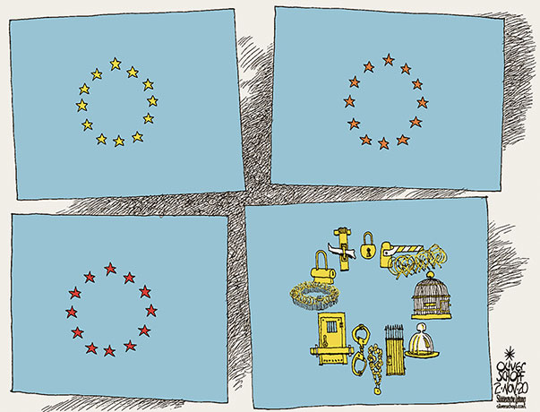 Oliver Schopf, editorial cartoons from Austria, cartoonist from Austria, Austrian illustrations, illustrator from Austria, editorial cartoon politics politician Europe, Cartoon Arts International, 2020: CORONAVIRUS CRISIS SARS-CoV-2 COVID-19 LOCKDOWN FALL FLAG STARS BARRIER GATE CHAIN CAGE BIRDCAGE LOCK HANDCUFFS
