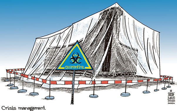 Oliver Schopf, editorial cartoons from Austria, cartoonist from Austria, Austrian illustrations, illustrator from Austria, editorial cartoon politics politician Europe, Cartoon Arts International, 2020: CORONAVIRUS CRISIS COVID 19 SARS-COV-2 EUROPEAN UNION COMMISSION HEADQUARTERS BUILDING BERLAYMONT BRUSSELS QUARANTINE TENT WARNING SIGN BIOHAZARD BARRIERS SHUT OFF POLICY MANAGEMENT
