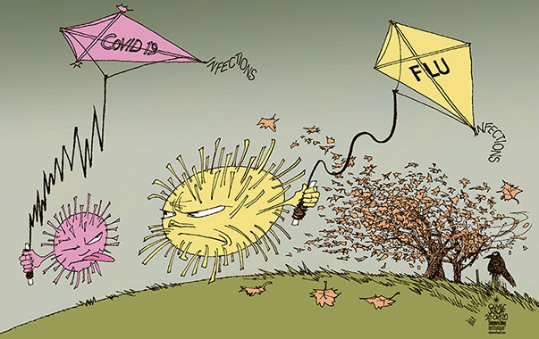 Oliver Schopf, editorial cartoons from Austria, cartoonist from Austria, Austrian illustrations, illustrator from Austria, editorial cartoon politics politician Europe, Cartoon Arts International, 2020: CORONAVIRUS CRISIS SARS-CoV-2 COVID-19 SECOND WAVE FALL AUTUMN INFECTIONS FLU FLY KITE RAVEN LEAVES
