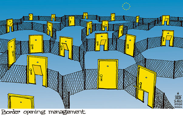 Oliver Schopf, editorial cartoons from Austria, cartoonist from Austria, Austrian illustrations, illustrator from Austria, editorial cartoon politics politician Europe, Cartoon Arts International, 2020: CORONAVIRUS CRISIS SARS-COV-2 COVID-19 EUROPEAN UNION BORDER OPENING EASING EUROPEAN SINGLE MARKET FENCE DOOR CAT FLAP 
