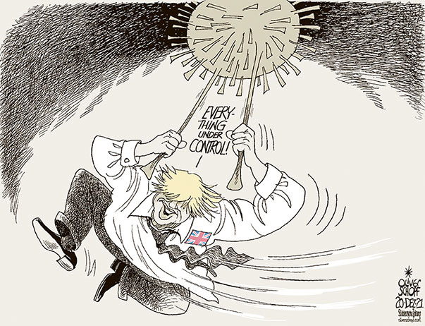 Oliver Schopf, editorial cartoons from Austria, cartoonist from Austria, Austrian illustrations, illustrator from Austria, editorial cartoon politics politician Europe, Süddeutsche Zeitung, Cartoon Arts International, 2021: CORONAVIRUS PANDEMIC SARS-CoV-2 COVID-19 OMIKRON OMICRON GREAT BRITAIN BORIS JOHNSON PRIME MINISTER UNDER CONTROL SPIKE PROTEIN SWING 
