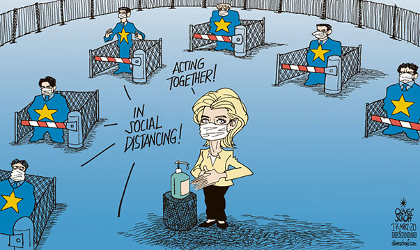 Oliver Schopf, editorial cartoons from Austria, cartoonist from Austria, Austrian illustrations, illustrator from Austria, editorial cartoon politics politician Europe, Cartoon Arts International, 2020: EU CORONAVIRUS COV-2 COVID-19 SOCIAL DISTANCING VON DER LEYEN BORDER FENCE MEMBER STATES IMMIGRATION PROTECTIVE MASK UNITED IN DIVERSITY TRAVEL BAN 
