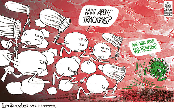 Oliver Schopf, editorial cartoons from Austria, cartoonist from Austria, Austrian illustrations, illustrator from Austria, editorial cartoon politics politician Europe, Cartoon Arts International, 2020: CORONAVIRUS CRISIS COVID 19 SARS-COV-2 CELL PHONE MOBILE TRACKING DATA  PROTECTION PRIVACY HEALTH BLOOD LEUKOCYTES 
