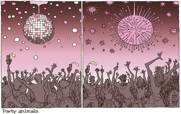 Oliver Schopf, editorial cartoons from Austria, cartoonist from Austria, Austrian illustrations, illustrator from Austria, editorial cartoon politics politician Europe, Süddeutsche Zeitung, opinion page, Cartoon Arts International, 2020: CORONAVIRUS CRISIS SARS COV-2 COVID-19 PARTY ANIMAL NIGHT CLUB DISCO MIRROR BALL INFECTION DISEASE CLUSTER  
