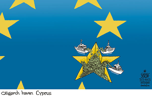 Oliver Schopf, editorial cartoons from Austria, cartoonist from Austria, Austrian illustrations, illustrator from Austria, editorial cartoon politics politician Europe, Cartoon Movement, CartoonArts International 2023: EU EUROPEAN UNION FLAG CYPRUS CONFIDENTIAL LEAK OLIGARCH RUSSIA UKRAINE OFFSHORE TAX HAVEN HARBOUR MONEY FLOW 























