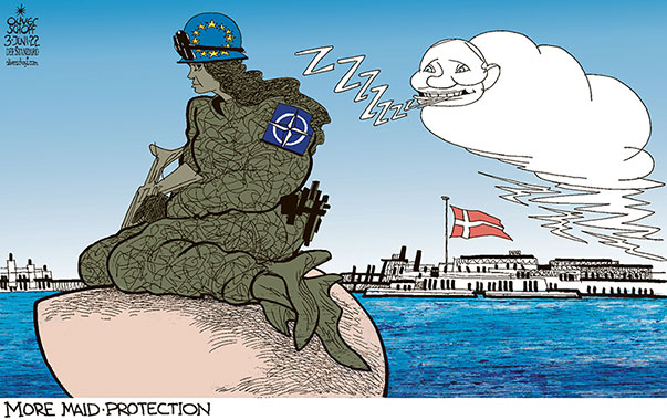 Oliver Schopf, editorial cartoons from Austria, cartoonist from Austria, Austrian illustrations, illustrator from Austria, editorial cartoon politics politician Europe, Cartoon Arts International, 2022: DENMARK MERMAID COPENHAGEN NATO EU DEFENCE DEFENSE SECURITY ARMY REFERENDUM PUTIN UKRAINE WAR 

