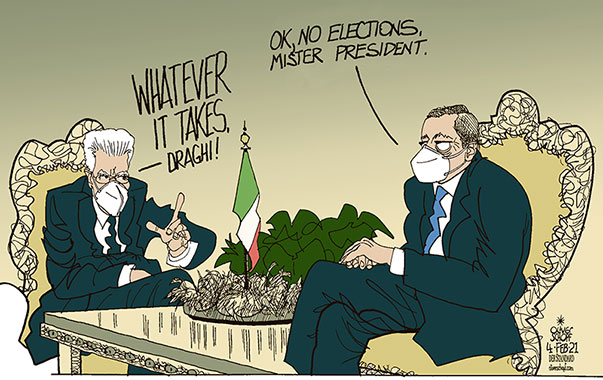 Oliver Schopf, editorial cartoons from Austria, cartoonist from Austria, Austrian illustrations, illustrator from Austria, editorial cartoon politics politician Europe, Cartoon Arts International, 2021: ITALY ROME PRESIDENT SERGIO MATTARELLA MARIO DRAGHI ECB PRIME MINISTER GOVERNMENT WHATEVER IT TAKES CORONA COVID FACE MASK

