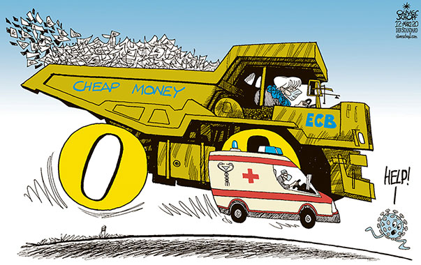 Oliver Schopf, editorial cartoons from Austria, cartoonist from Austria, Austrian illustrations, illustrator from Austria, editorial cartoon politics politician Europe, Cartoon Arts International, 2020: CORONAVIRUS COVID 19 SARS-CoV-2 ECB CHRISTINE LAGARDE CHEAP MONEY ZERO INTEREST RATE POLICY TIPPER DUMP TRUCK RESCUE RED CROSS MEDICINE
