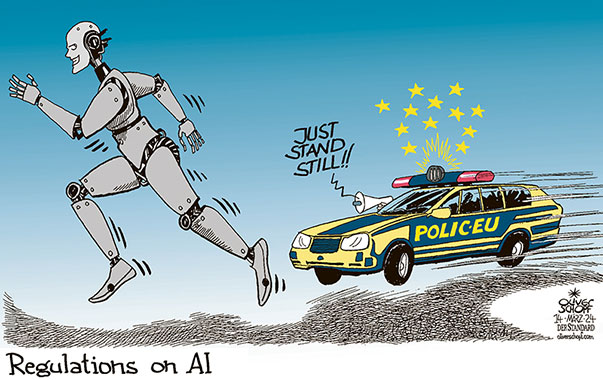 Oliver Schopf, editorial cartoons from Austria, cartoonist from Austria, Austrian illustrations, illustrator from Austria, editorial cartoon politics politician Europe, Cartoon Movement, CartoonArts International 2024: EU EUROPEAN UNION AI ARTIFICIAL INTELLIGENCE REGULATIONS POLICE CAR CHASE























