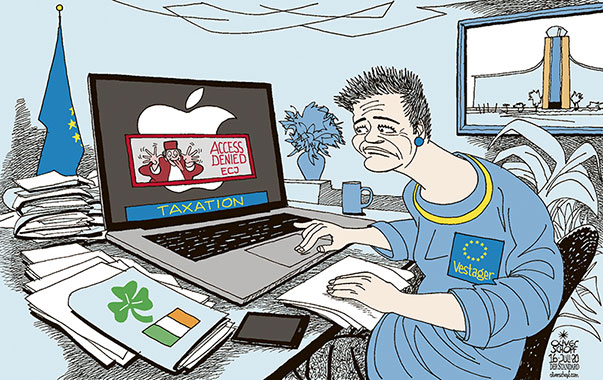  
Oliver Schopf, editorial cartoons from Austria, cartoonist from Austria, Austrian illustrations, illustrator from Austria, editorial cartoon politics politician Europe, Cartoon Arts International, 2020: EU APPLE ECJ TAX TAXATION VESTAGER JUDGEMENT IRELAND  MAC COMPUTER ACCESS DENIED   
