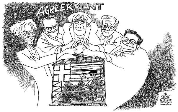 Oliver Schopf, editorial cartoons from Austria, cartoonist from Austria, Austrian illustrations, illustrator from Austria, editorial cartoon politics politician Europe, Cartoon Arts International, New York Times Syndicate, Cagle cartoon 2015 GREECE EU NEGOTIATIONS AGREEMENT BRUSSELS TSIPRAS MERKEL TUSK LAGARDE DRAGHI CAGE AID AUSTERITY EURO CRISIS DEBT  




