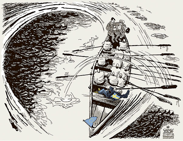Oliver Schopf, editorial cartoons from Austria, cartoonist from Austria, Austrian illustrations, illustrator from Austria, editorial cartoon politics politician Europe, Cartoon Arts International, New York Times Syndicate, Cagle cartoon 2018 : EU ELECTIONS SWEDEN MERKEL MACRON SHIFT TO THE RIGHT BOAT ROW PADDLE SWEDEN DEMOCRATS 
