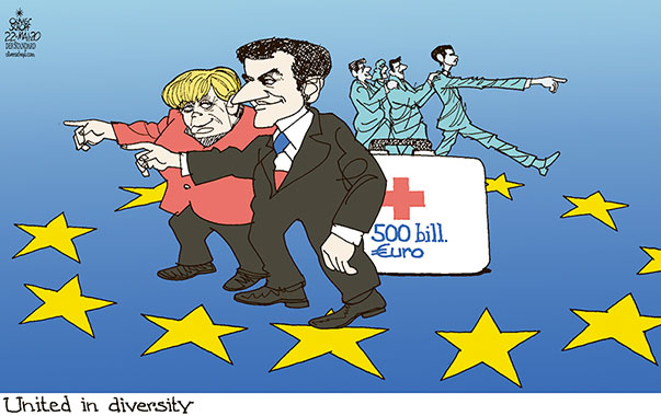  
Oliver Schopf, editorial cartoons from Austria, cartoonist from Austria, Austrian illustrations, illustrator from Austria, editorial cartoon politics politician Europe, Cartoon Arts International, 2020: CORONAVIRUS CRISIS EUROPEAN UNION EU RECOVERY FUND 500 BILLION EURO MERKEL MACRON KURZ AID UNITED IN DIVERSITY  

