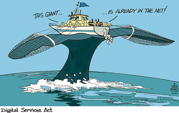 Oliver Schopf, editorial cartoons from Austria, cartoonist from Austria, Austrian illustrations, illustrator from Austria, editorial cartoon politics politician Europe, Cartoon Arts International, 2022: EU EUROPEAN UNION DIGITAL SERVICES ACT WORLD GIANTS IT FACEBOOK GOOGLE AMAZON  WHALE WHALING FLIKE  NET COAST GUARD 
