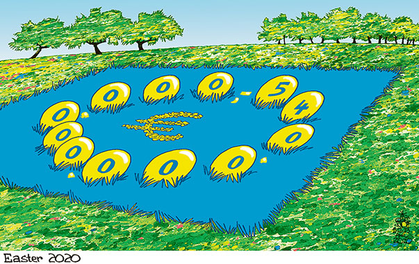 Oliver Schopf, editorial cartoons from Austria, cartoonist from Austria, Austrian illustrations, illustrator from Austria, editorial cartoon politics politician Europe, Cartoon Arts International, 2020: CORONAVIRUS CRISIS COVID-19 SARS-COV-2 EU ECONOMIC AID EURO SURE ESM FUND EASTER EGG SPRING MEADOW
