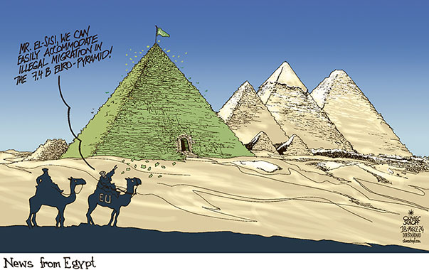 Oliver Schopf, editorial cartoons from Austria, cartoonist from Austria, Austrian illustrations, illustrator from Austria, editorial cartoon politics politician Europe, Cartoon Movement, CartoonArts International 2024:  
EU EUROPEAN UNION EGYPT ILLEGAL MIGRATION DEAL 7,4 BILLION EURO PYRAMIDS GIZEH EL-SISI CAMEL

























