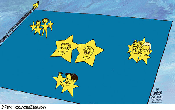  
Oliver Schopf, editorial cartoons from Austria, cartoonist from Austria, Austrian illustrations, illustrator from Austria, editorial cartoon politics politician Europe, Cartoon Arts International, 2020: EU SUMMIT CORONA AID BUDGET FLAG STARS CONSTELLATION MACRON MERKEL FRUGAL FOUR MARK RUTTE SEBASTIAN KURZ VISEGRÁD GROUP GIUSEPPE CONTE ORBÁN KACZYNSKI    

