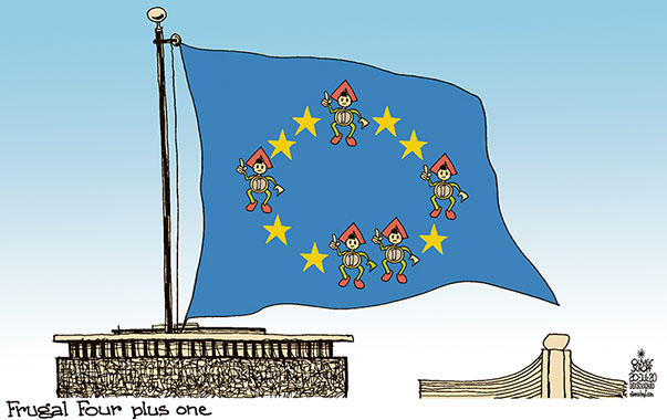  
Oliver Schopf, editorial cartoons from Austria, cartoonist from Austria, Austrian illustrations, illustrator from Austria, editorial cartoon politics politician Europe, Cartoon Arts International, 2020: CORONAVIRUS CRISIS EUROPEAN UNION EU RECOVERY FUND 500 BILLION EURO MERKEL MACRON KURZ AID UNITED IN DIVERSITY  

