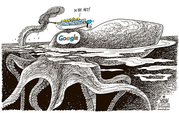 Oliver Schopf, editorial cartoons from Austria, cartoonist from Austria, Austrian illustrations, illustrator from Austria, editorial cartoon politics politician Europe, Cartoon Arts International, New York Times Syndicate, Cagle cartoon 2018 : EU GOOGLE MONOPOLY INTERNET RULES PENALTY GIANT OCTOPUS FISHERMEN NET BOAT CATCH
