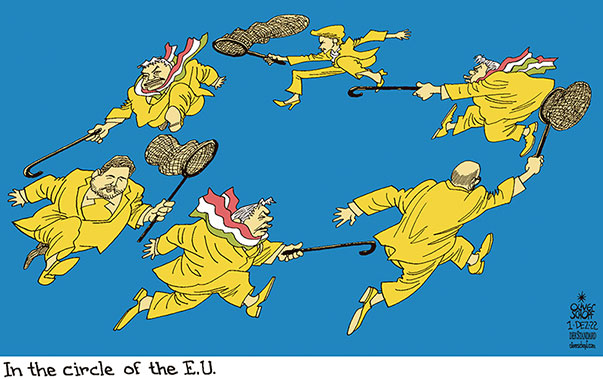 Oliver Schopf, editorial cartoons from Austria, cartoonist from Austria, Austrian illustrations, illustrator from Austria, editorial cartoon politics politician Europe, Cartoon Arts International, 2022: EU EUROPEAN UNION ORBAN VETO CONFLICT FLAG CIRCLE STARS JOHANNES HAHN CHARLES MICHELVON DER LEYEN PERSECUTE AID MONEY















