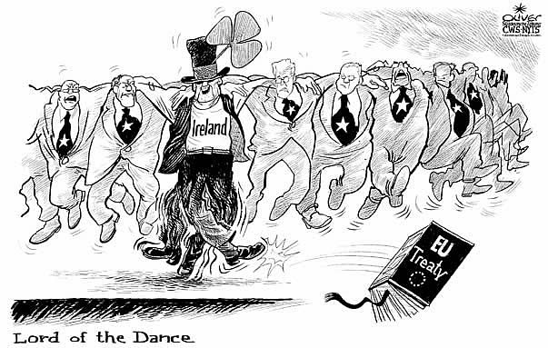 Oliver Schopf, editorial cartoons from Austria, cartoonist from Austria, Austrian illustrations, illustrator from Austria, editorial cartoon 
Europe 2008: eu european union  lisbon treaty, ireland, vote, lord of the dance
