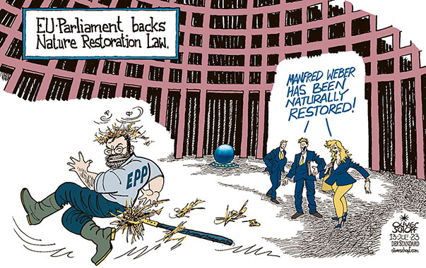 Oliver Schopf, editorial cartoons from Austria, cartoonist from Austria, Austrian illustrations, illustrator from Austria, editorial cartoon politics politician Europe, Cartoon Movement, CartoonArts International 2023:  
EU EUROPEAN PARLIAMENT STRASBOURG BALLOT VOTE NATURE RESTORATION LAW EPP MANFRED WEBER AGRICULTURE PITCHFORK



















