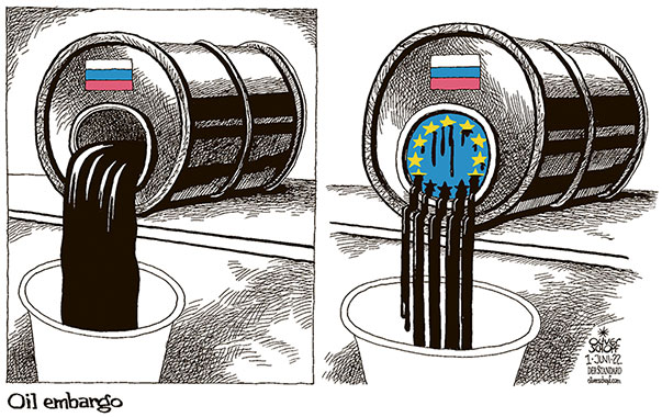 Oliver Schopf, editorial cartoons from Austria, cartoonist from Austria, Austrian illustrations, illustrator from Austria, editorial cartoon politics politician Europe, Cartoon Arts International, 2022: UKRAINE WAR OIL EMGARGO BARREL FLAG RUSSIA EU  












