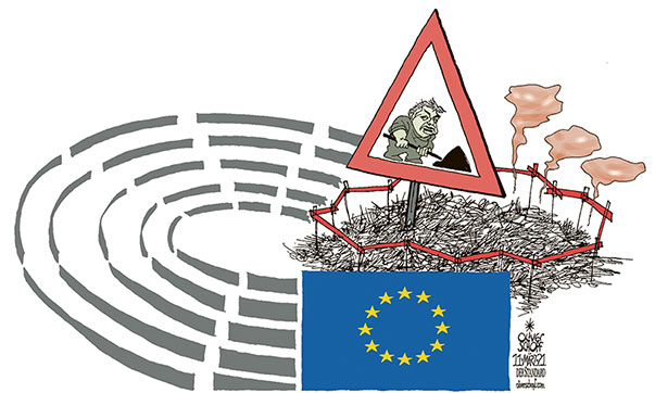 Oliver Schopf, editorial cartoons from Austria, cartoonist from Austria, Austrian illustrations, illustrator from Austria, editorial cartoon politics politician Europe, Cartoon Arts International, 2021: EU EUROPEAN PARLIAMENT LOGO VIKTOR ORBÁN FAR RIGHT PARTY LEGA PiS LE PEN FPÖ EPP LEAVE UNDER CONSTRUCTION ROAD SIGN   
