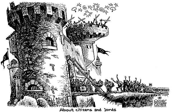 Oliver Schopf, editorial cartoons from Austria, cartoonist from Austria, Austrian illustrations, illustrator from Austria, editorial cartoon politics politician Europe, Cartoon Arts International, New York Times Syndicate, Cagle cartoon 2015 EU REFUGEES IMMIGRANTS CASTLE FORTRESS ESCAPE CITIZEN LORD HELP RESCUE SHELTER DRAWBRIDGE 






