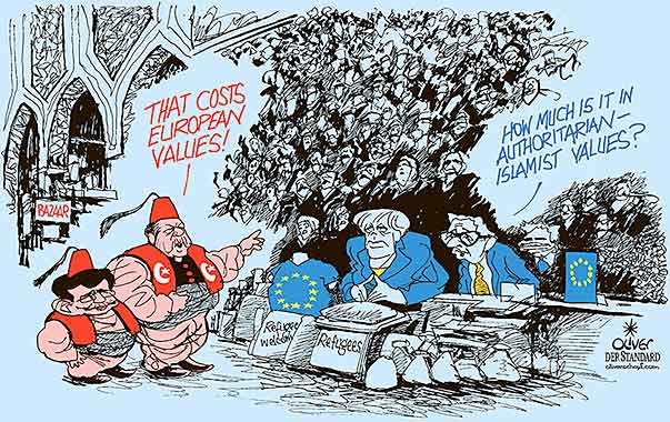  
Oliver Schopf, editorial cartoons from Austria, cartoonist from Austria, Austrian illustrations, illustrator from Austria, editorial cartoon
Europe EU eu European Turkey 2016 REFUGEE CRISIS MIGRANTS EU TURKEY MERKEL JUNCKER FAYMANN ERDOGAN DAVUTOGLU BAZAAR HUMAN RIGHTS TRADE VALUES SELL BUY

