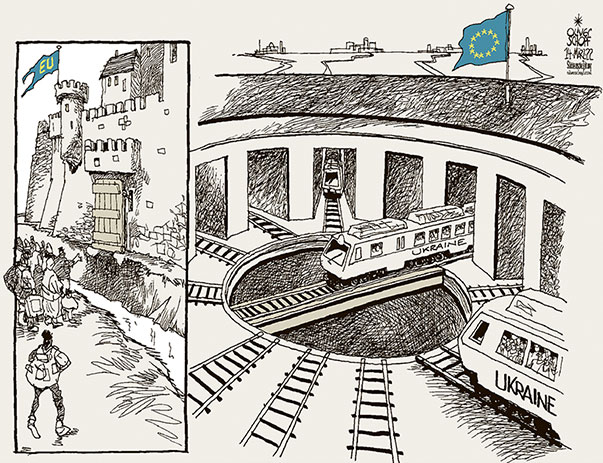 Oliver Schopf, editorial cartoons from Austria, cartoonist from Austria, Austrian illustrations, illustrator from Austria, editorial cartoon politics politician Europe, Süddeutsche Zeitung, Meinung, Seite 4, Cartoon Arts International, 2022: UKRAINE WAR REFUGEES EU ALLOCATION FORTRESS CASTLE DRAWBRIDGE TRAIN 
 
