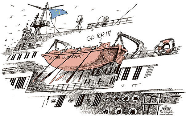 Oliver Schopf, editorial cartoons from Austria, cartoonist from Austria, Austrian illustrations, illustrator from Austria, editorial cartoon politics politician Europe, Cartoon Arts International, New York Times Syndicate, Cagle cartoon 2018 : EU SOCIAL DEMOCRACY LEFT PARTY LABOUR SOCIAL DEMOCRATS ELECTIONS NATIONAL PARLIAMENTS SHIP VESSEL LIFEBOAT SAVING 
