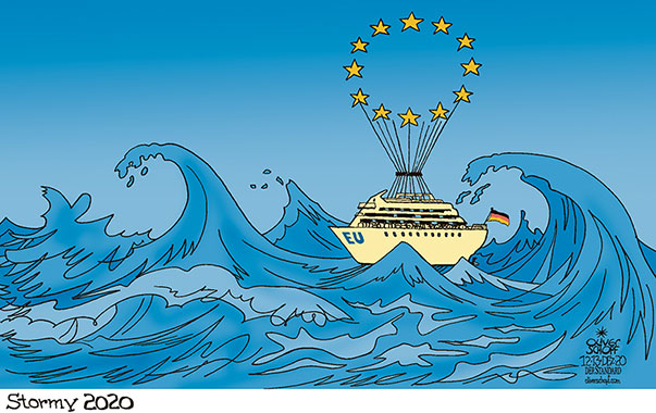 Oliver Schopf, editorial cartoons from Austria, cartoonist from Austria, Austrian illustrations, illustrator from Austria, editorial cartoon politics politician Europe, Cartoon Arts International, 2020: EU SUMMIT BUDGET UNITED SEA STORM WAVES SHIP VESSEL STARS BALLOON 

