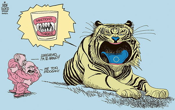  
Oliver Schopf, editorial cartoons from Austria, cartoonist from Austria, Austrian illustrations, illustrator from Austria, editorial cartoon politics politician Europe, Cartoon Arts International, 2020: EUROPEAN UNION EU BELARUS TURKEY SANCTIONS THREATS LUKASHENKO ERDOĞAN TIGER TOOTHLESS DENTITION DENTURE FEAR SCARY 
