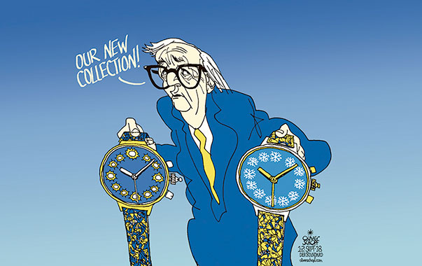 Oliver Schopf, editorial cartoons from Austria, cartoonist from Austria, Austrian illustrations, illustrator from Austria, editorial cartoon politics politician Europe, Cartoon Arts International, New York Times Syndicate, Cagle cartoon 2018 : SUMMER TIME WINTER TIME DAYLIGHT SAVING TIME CHANGE SHIFT CLOCK TIME EU JEAN CLAUDE JUNCKER 
